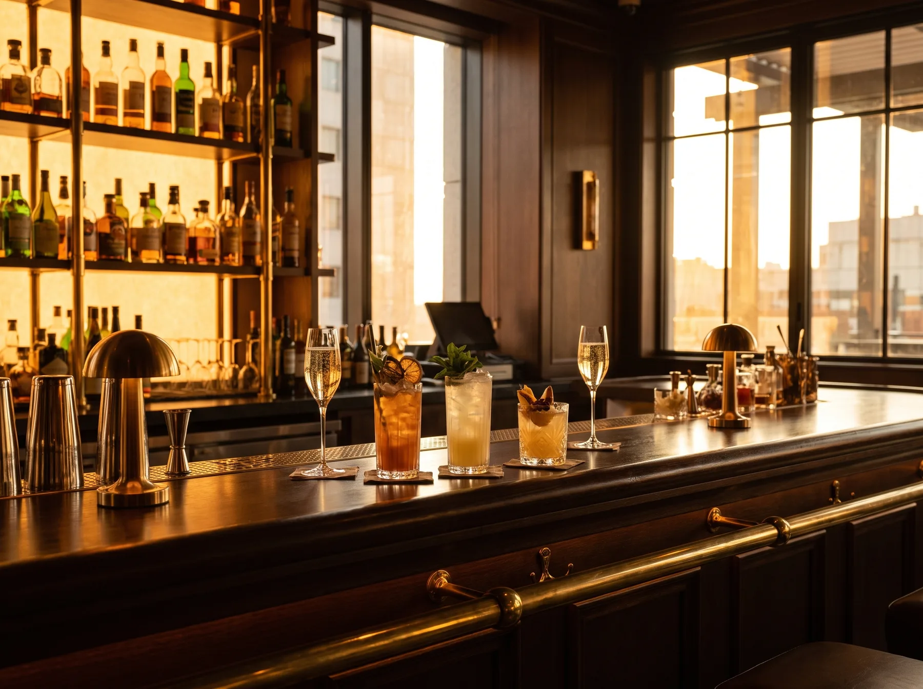 Cocktail bar con bottiglie e bicchieri da aperitivo