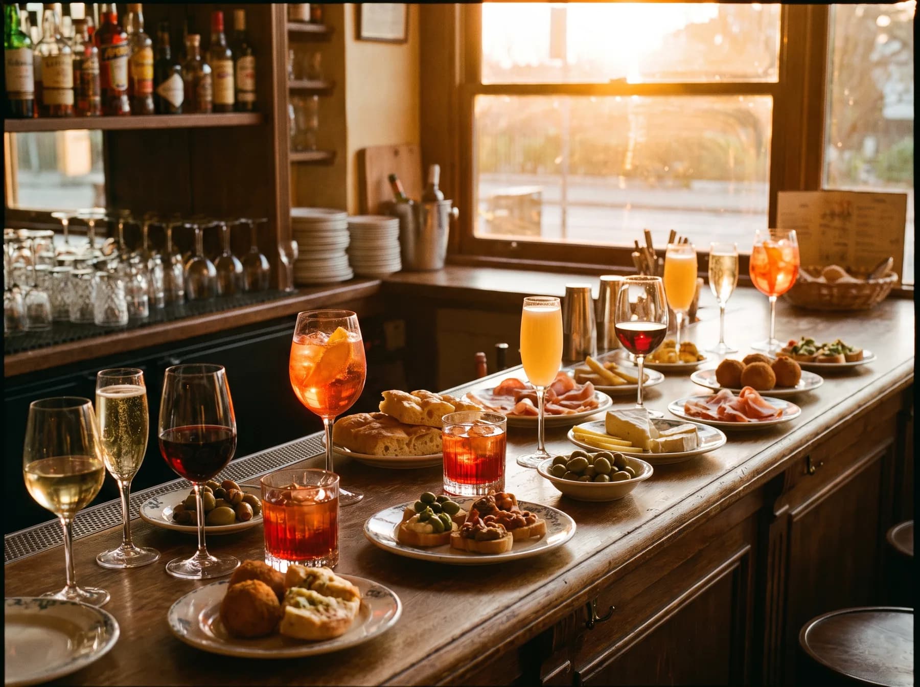 Cocktail e calici di vino pronti per l'aperitivo