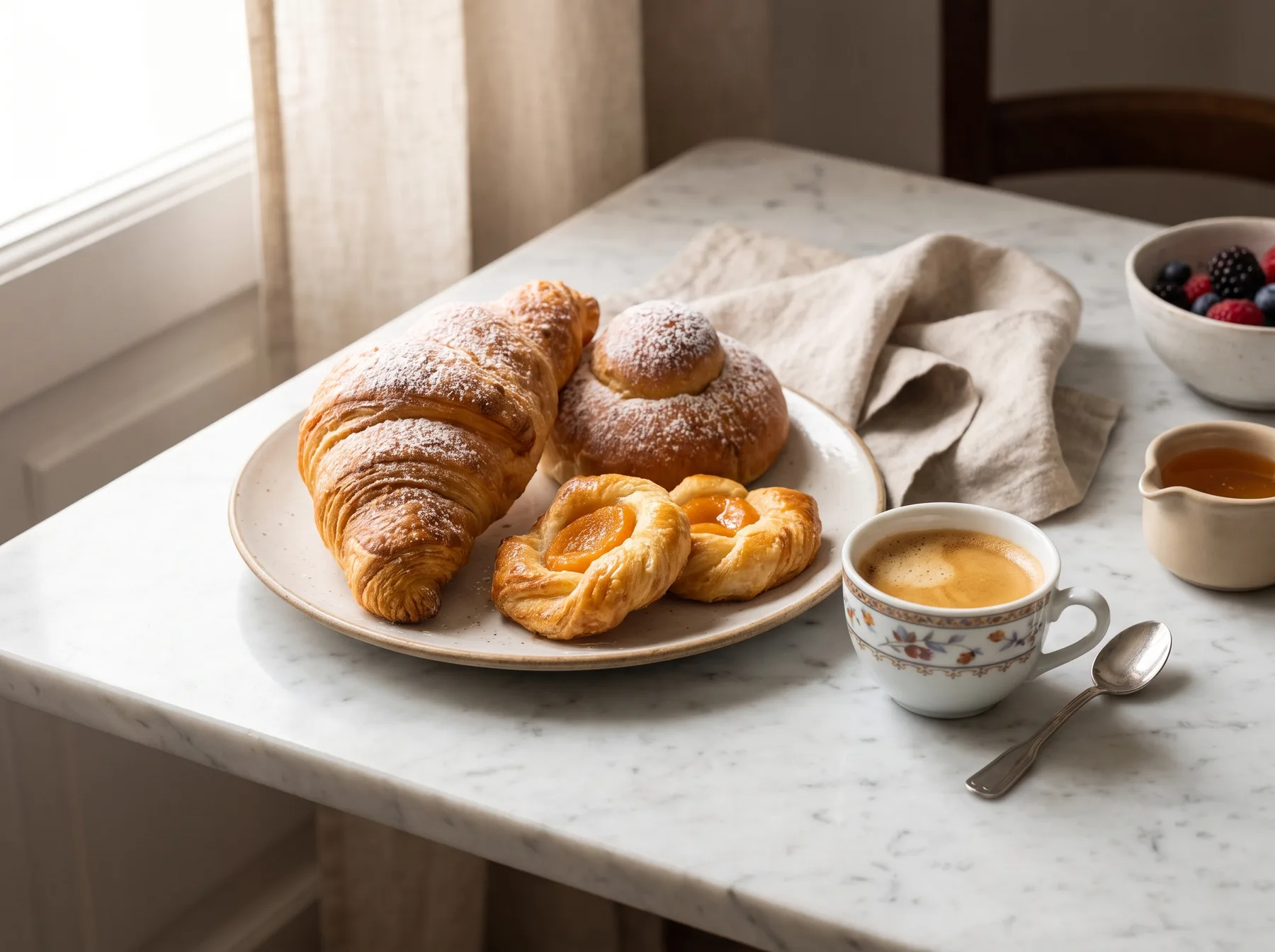 Tavolo con cornetti, brioches e piccola pasticceria per la colazione