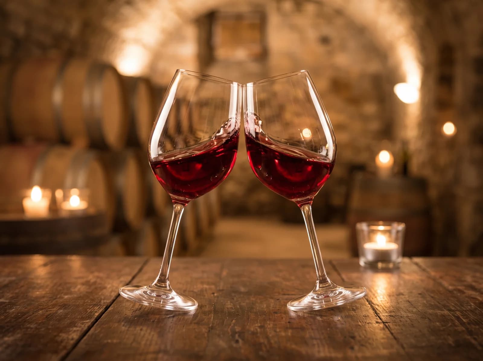 Due calici di vino rosso brindano su un tavolo in legno